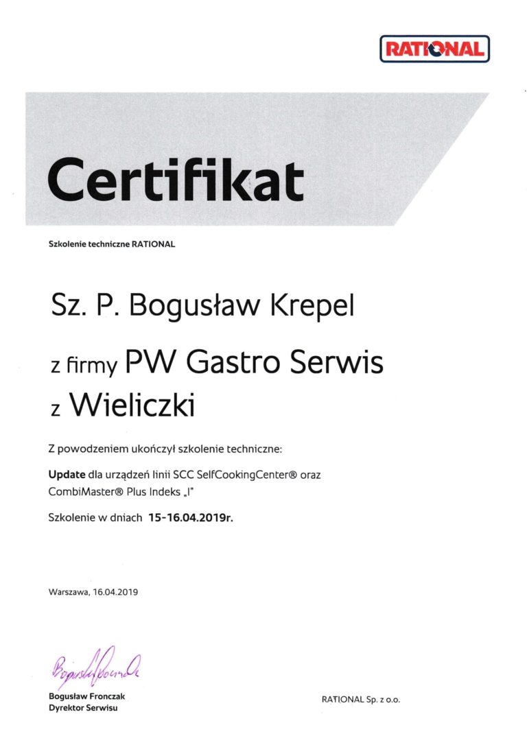 Rational Dyplom dla pracownika z firmy PW Gastro Serwis Stanisław Polański