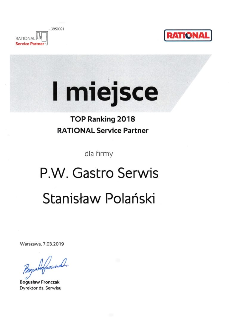 Rational Serwis Partner Certyfikat dla Top Ranking 2018